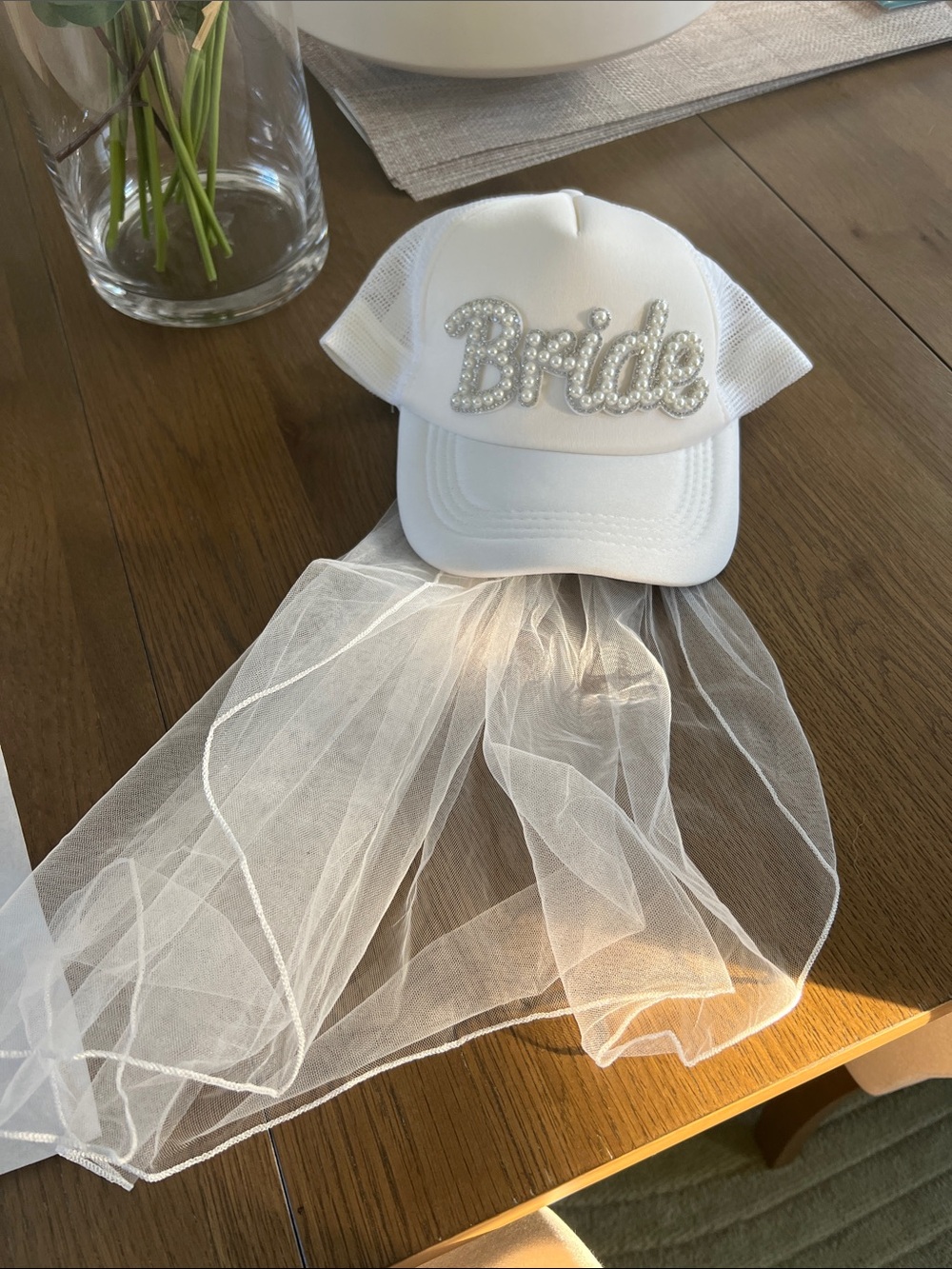 White 'Bride' Rhinestone Veil Adjustable Hat